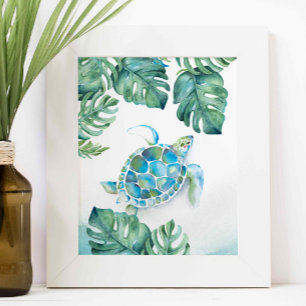 Affiche Aquarelle tortue de mer et Feuilles de Monstera