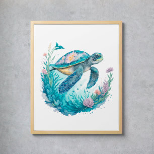 Affiche Aquarelle Tortue marine Animal marin