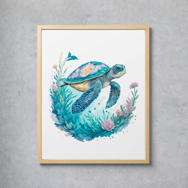 Affiche Aquarelle Tortue marine Animal marin (Watercolor Sea Turtle Marine Animal Poster
)