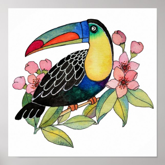 Affiche Aquarelle Toucan Bird Avec Fleurs (Devant)