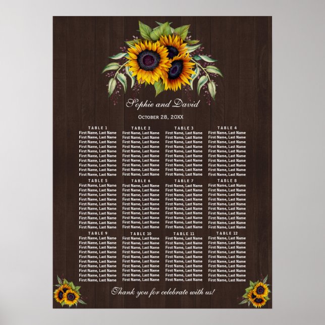 Affiche Aquarelle Tournesols Mariage en bois Carte de sièg (Devant)