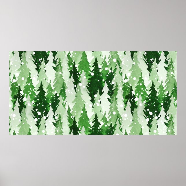 Affiche Aquarelle transparente motif avec pins verts  (Devant)