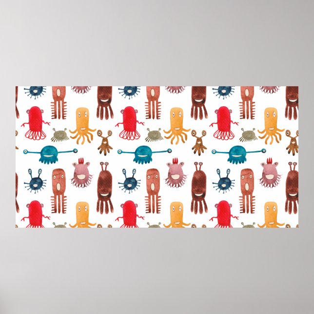 Affiche Aquarelle transparente motif de monstres et (Devant)