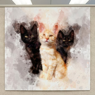 Affiche Aquarelle Trio de Mignons Chatons Noirs et Orange