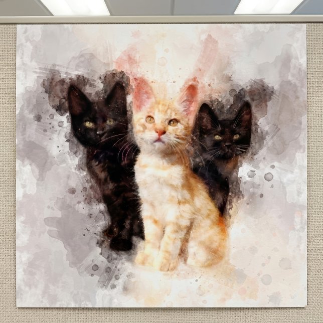 Affiche Aquarelle Trio de Mignons Chatons Noirs et Orange (Watercolor Trio of Cute Black and Orange Kittens. Poster)
