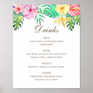 Affiche Aquarelle tropical fleuri mariage menu boissons ba
