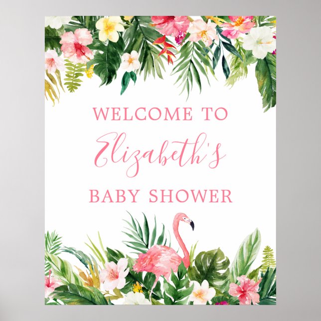 Affiche Aquarelle Tropical Floral Rose Flamant rose Douche (Devant)