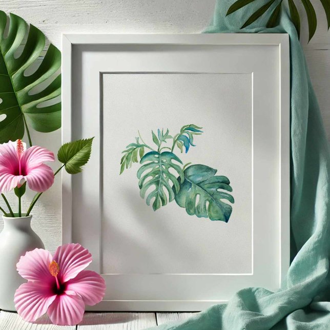 Affiche Aquarelle Tropical Green Monstera Palm Leaf (Watercolor art monstera palm leaves by Victoria Grigaliunas of Do Tell A Belle)