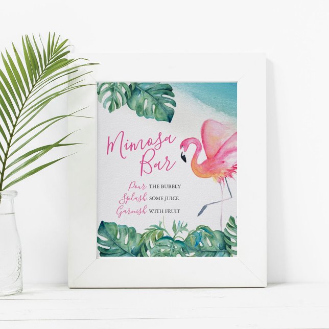 Affiche Aquarelle Tropical Mimosa Bar (Tropical mimosa bar sign watercolor pink flamingo & palm leaf by Victoria Grigaliunas DoTellABelle)