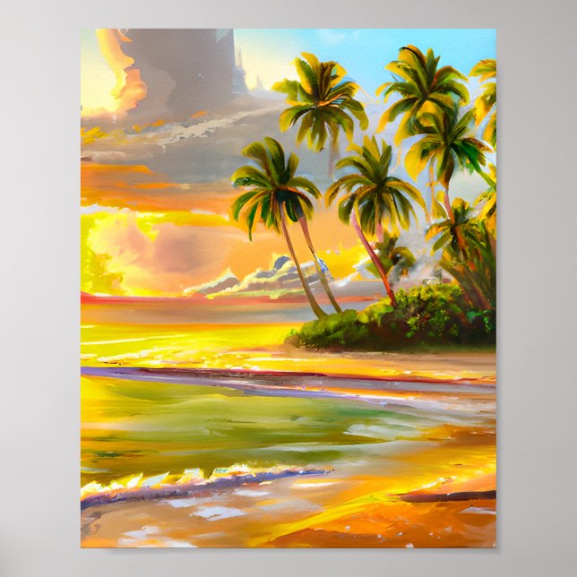 Affiche Aquarelle Tropical Sunset Beach Peinture (Devant)