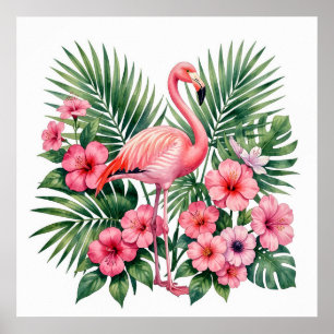 Affiche Aquarelle tropicale flamant rose floral hawaïen