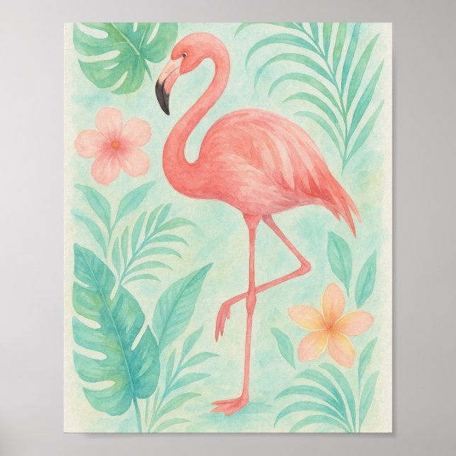 Affiche Aquarelle tropicale Flamant rose rose | Botanique  (Devant)