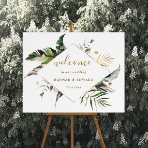 Affiche Aquarelle Tropicale Foliage Gold Mariage Bienvenue
