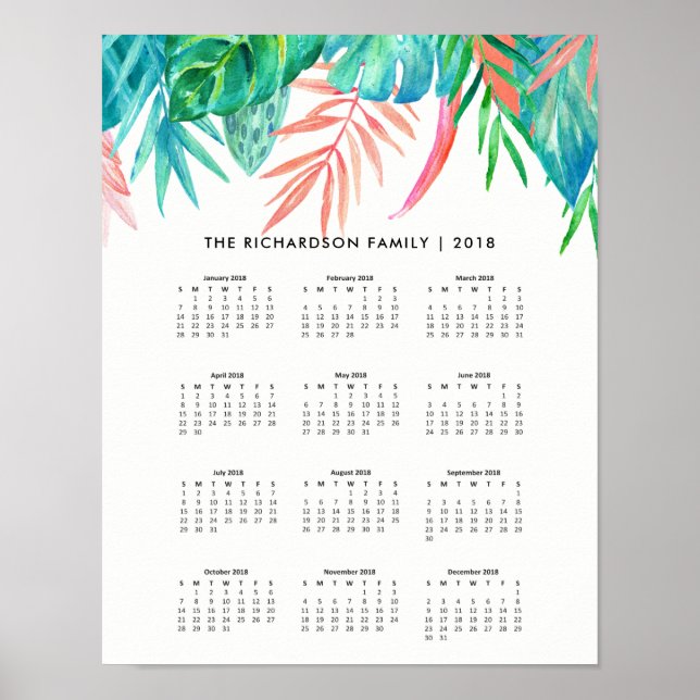 Affiche Aquarelle Tropicale Tendance | Calendrier 2018 (Devant)