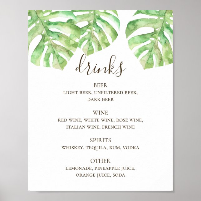 Affiche Aquarelle tropicale verdure mariage boissons bar (Devant)