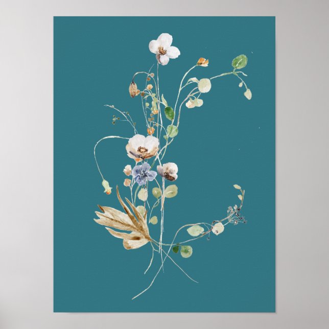 Affiche Aquarelle turquoise Fleur sauvage bleu (Devant)