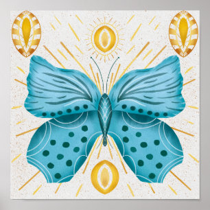 Affiche Aquarelle Turquoise Papillon Soleil céleste