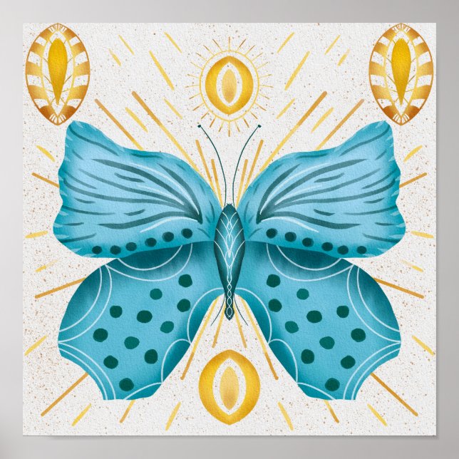 Affiche Aquarelle Turquoise Papillon Soleil céleste (Devant)