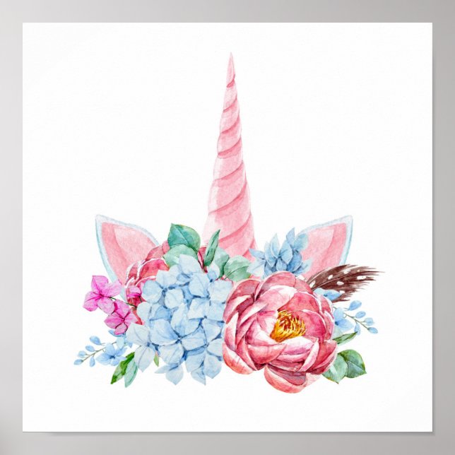 Affiche Aquarelle Unicorn Couronne florale (Devant)