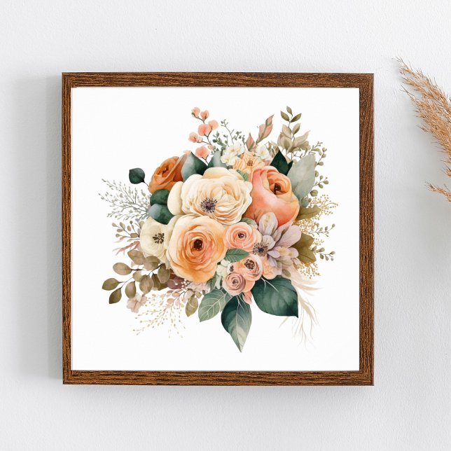 Affiche Aquarelle végétale florale en terre cuite (Peach Cream Beige Terracotta Floral Wall Art. Available in many sizes)