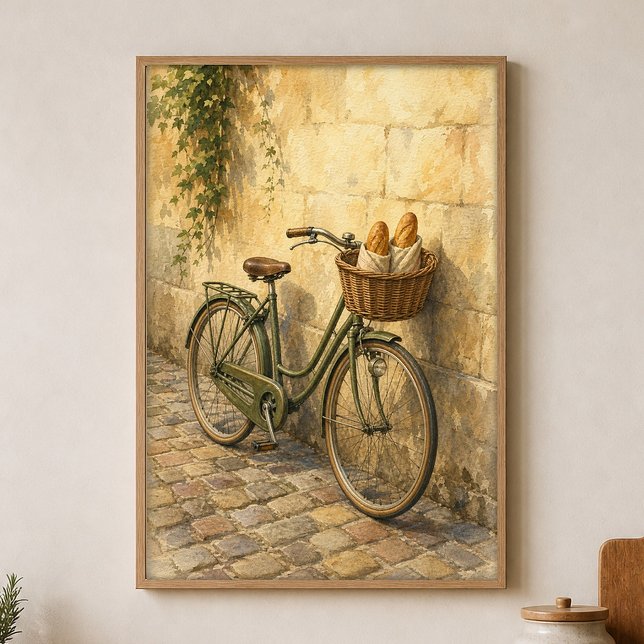 Affiche aquarelle vélo avec panier à pain (Shown framed for scale. Poster ships unframed; frames are an optional add-on.)