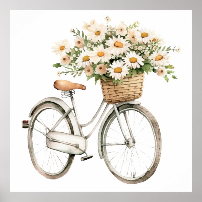 Affiche Aquarelle Vélo Vintage avec marguerites (Devant)