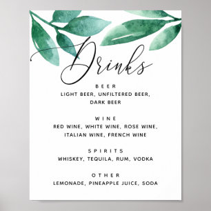 Affiche Aquarelle verdure botanique mariage bar boissons