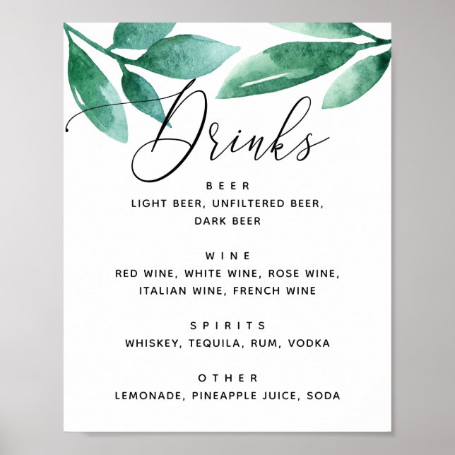 Affiche Aquarelle verdure botanique mariage bar boissons (Devant)