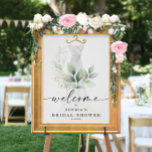Affiche Aquarelle Verdure Fête des mariées or Bienvenue<br><div class="desc">Cet élégant design présente un bouquet d'aquarelle douce composé d'eucalyptus,  de verdure et d'ornements dorés enveloppant une robe peinte. Cliquez sur le bouton Personnaliser et "Cliquez pour customiser plus loin" pour modifier la couleur du texte du script. Voir la collection entière pour plus d'articles correspondants !</div>