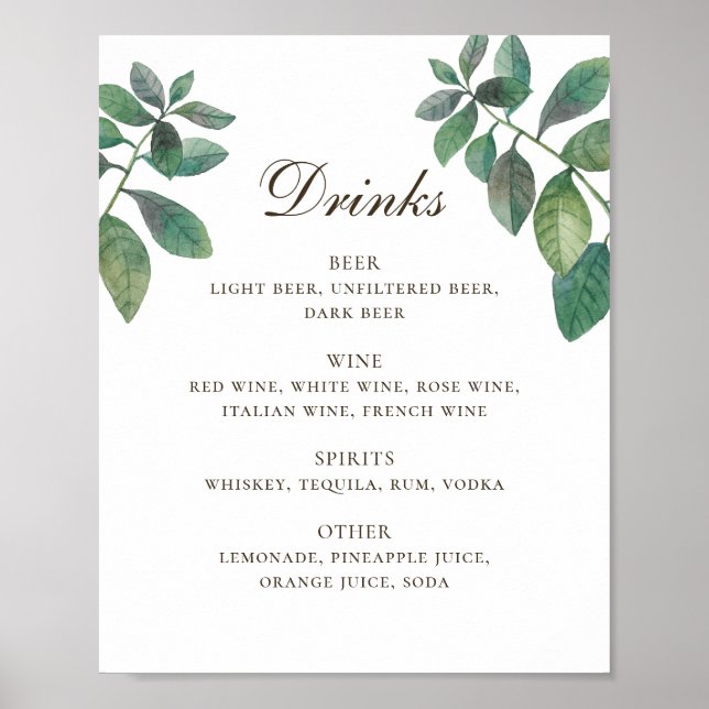 Affiche Aquarelle verdure feuillage mariage alcool boisson (Devant)