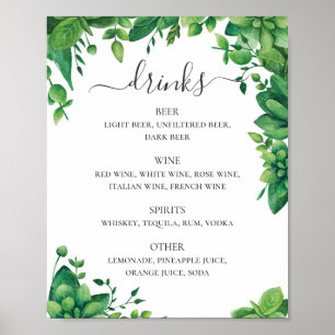 Affiche Aquarelle verdure feuillage menu boissons mariage