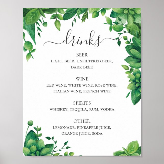 Affiche Aquarelle verdure feuillage menu boissons mariage (Devant)