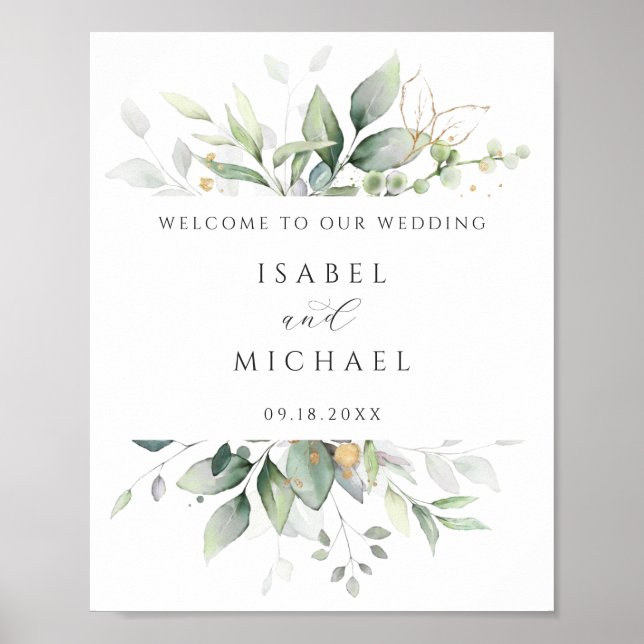 Affiche Aquarelle Verdure or Feuilles Mariages Bienvenue (Devant)
