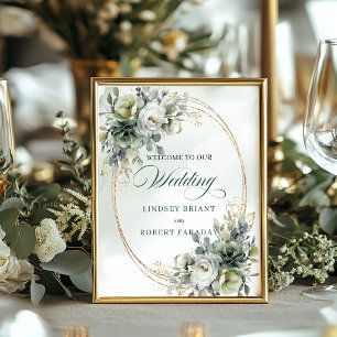 Affiche Aquarelle Vert Blanc Bienvenue Mariage Botanique