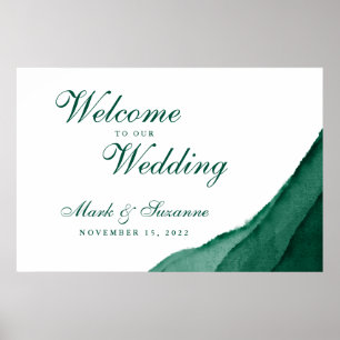 Affiche Aquarelle vert émeraude Bienvenue à notre mariage