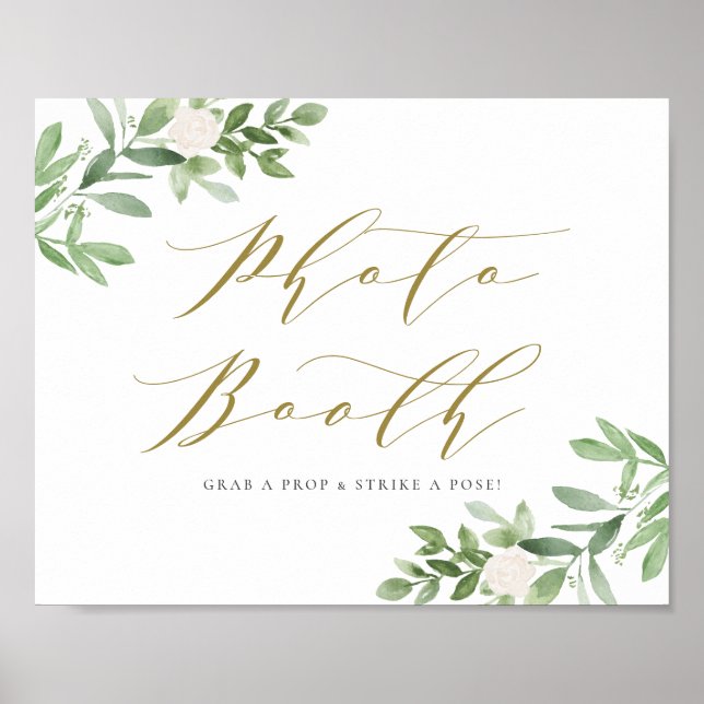 Affiche Aquarelle Vert et Fleurs blanches Photo Booth (Devant)