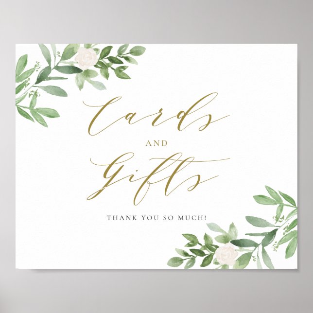 Affiche Aquarelle Vert Fleurs blanches Cartes et cadeaux (Devant)