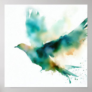 Affiche Aquarelle vert oiseau dans l'affiche d'art en vol