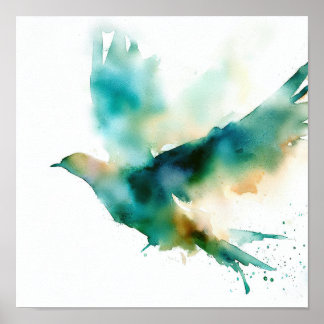 Affiche Aquarelle vert oiseau dans l'affiche d'art en vol