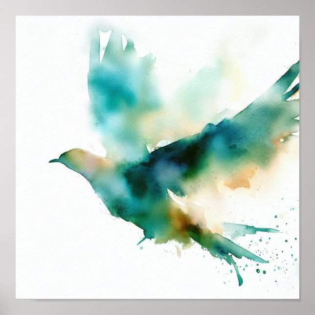 Affiche Aquarelle vert oiseau dans l'affiche d'art en vol (Devant)