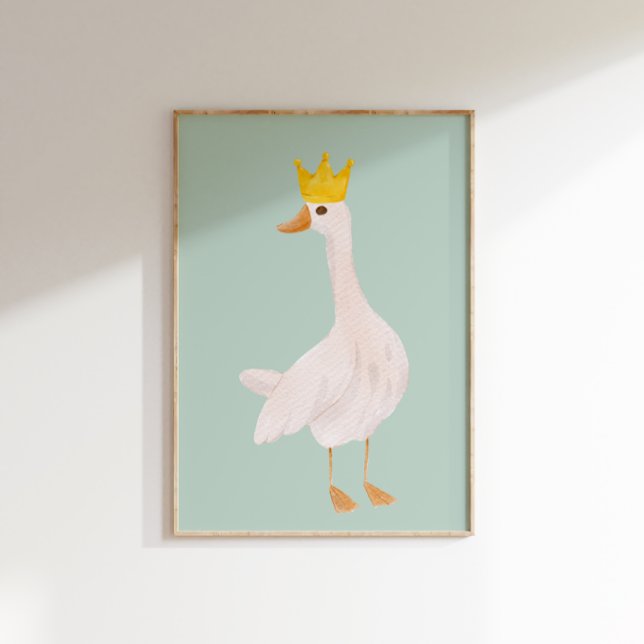 Affiche Aquarelle verte de Sage Soins infirmiers soyeux d' (A  white goose wearing a golden crown on a sage green background.)