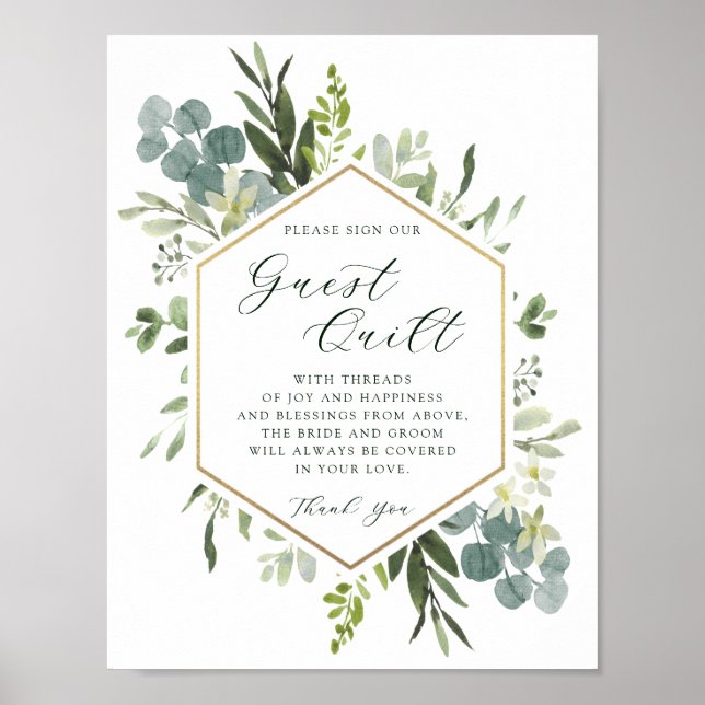 Affiche Aquarelle verte Hexagon Mariage Guest Quilt (Devant)