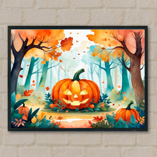 Affiche Aquarelle verte orange Forêt Citrouille d'automne