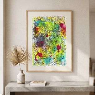 Affiche Aquarelle vibrante abstraite florale doodle art en