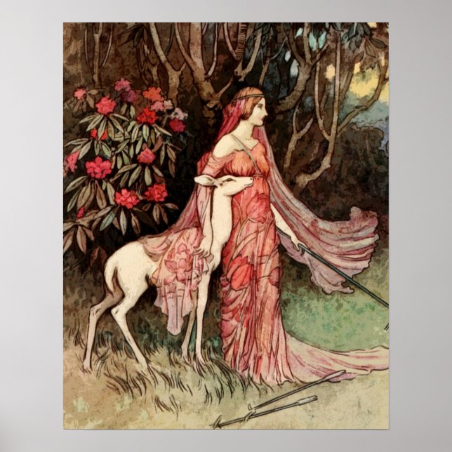 Affiche Aquarelle victorienne de la femme avec cerf (Devant)