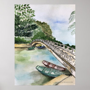 Affiche Aquarelle, Vietnam, paysage de la province de Ninh