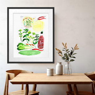 Affiche Aquarelle vietnamienne de recette de Rolls de