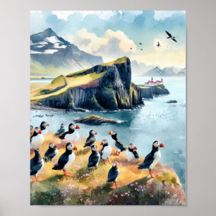 Affiche Aquarelle Vik Islande Puffins