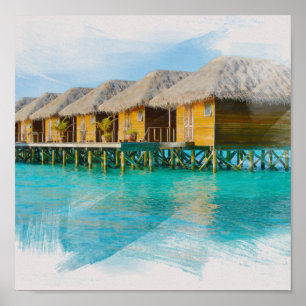 Affiche Aquarelle Villa aux Maldives Peinture sur l'île