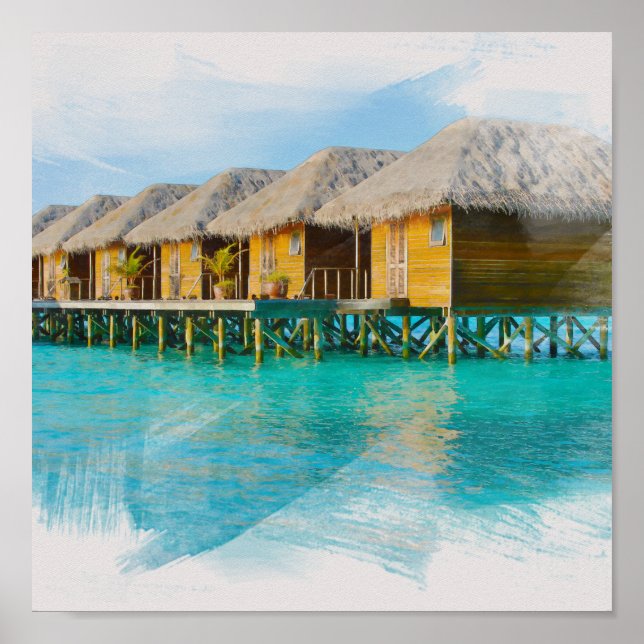 Affiche Aquarelle Villa aux Maldives Peinture sur l'île (Devant)